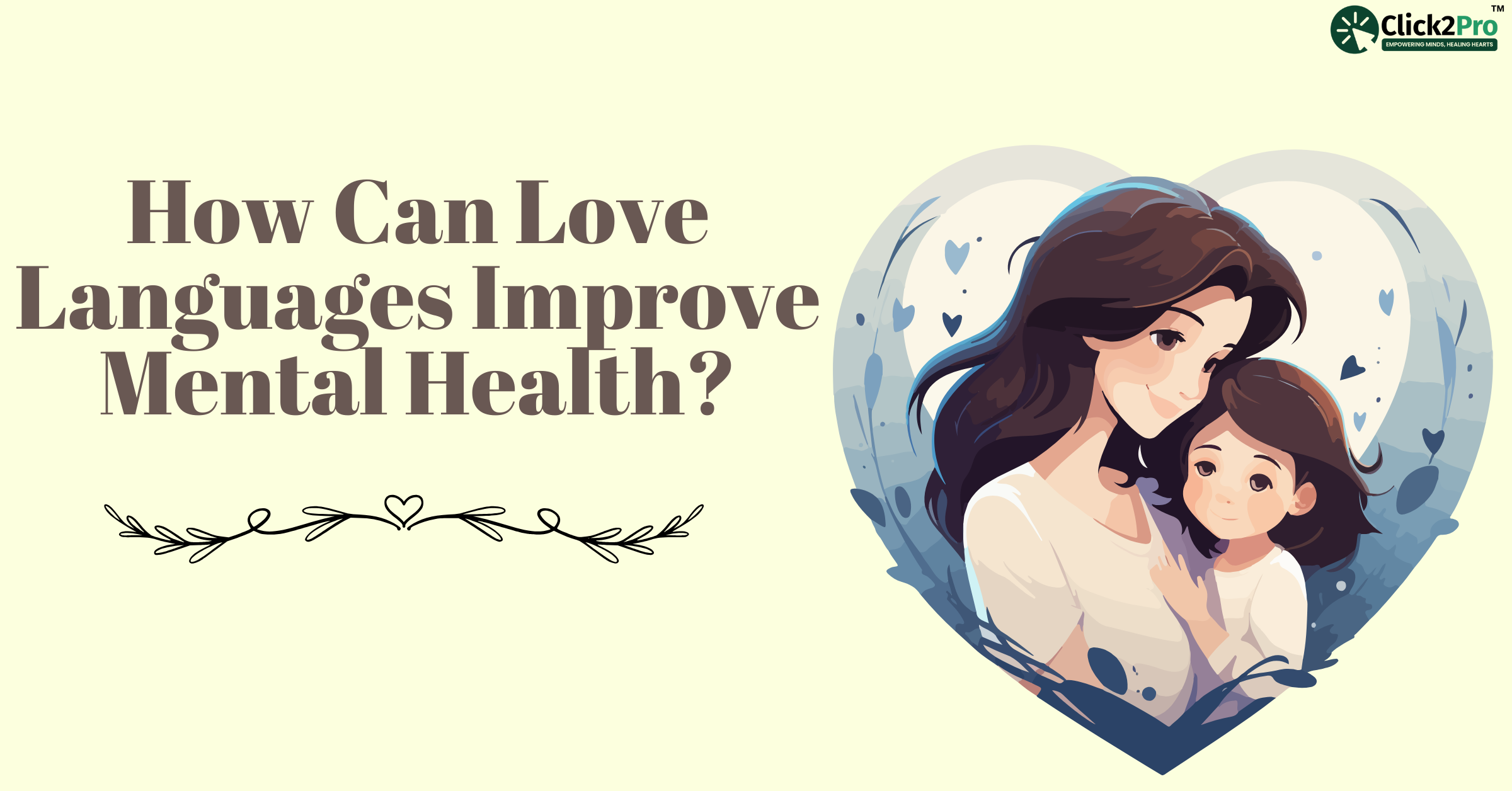 Mother and child hugging with heart backdrop — love languages and mental health illustration.