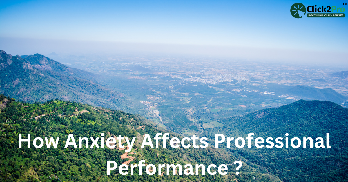 How anxiety affects professional performance - illustration of two professionals discussing work amidst a scenic view of Coimbatore hills, representing stress and work productivity.