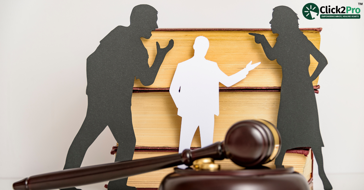 Silhouette of a couple arguing with mediator and gavel in front, symbolizing marital conflict resolution.