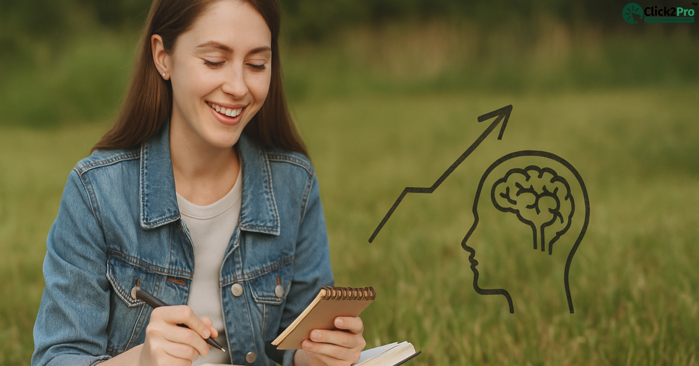 Woman journaling outdoors with brain and growth arrow icon, symbolizing aspiration and mindset.