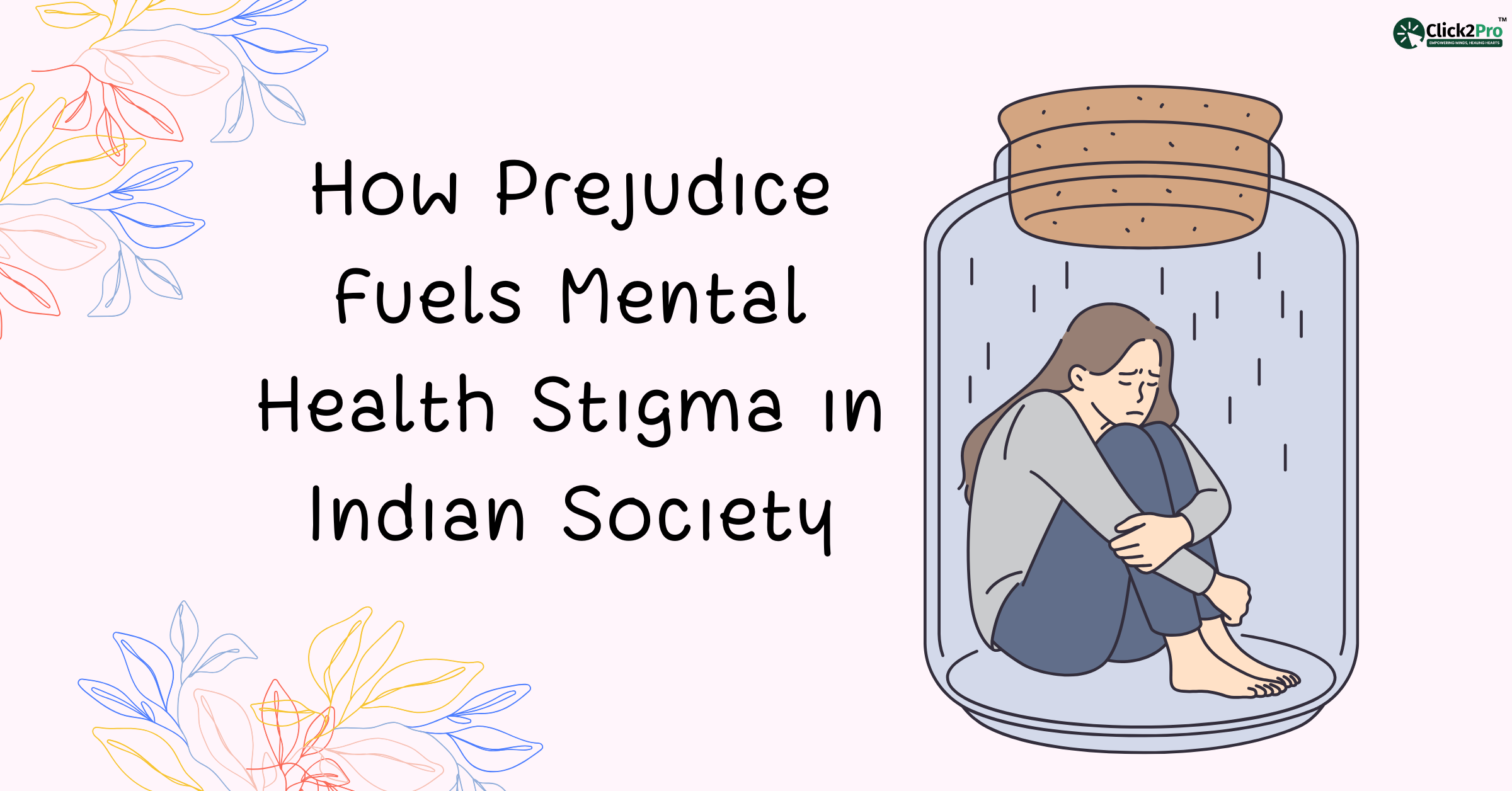 Illustration of mental health stigma in India showing woman trapped in a jar with rain.