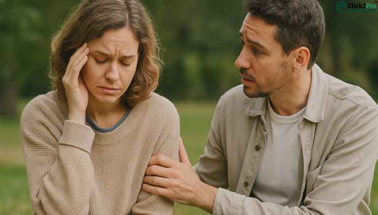 Man comforting a distressed woman while discussing emotional boundaries and respect.