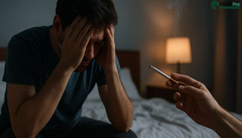 Man struggling with sleep as cigarettes worsen stress and mental well-being at night.