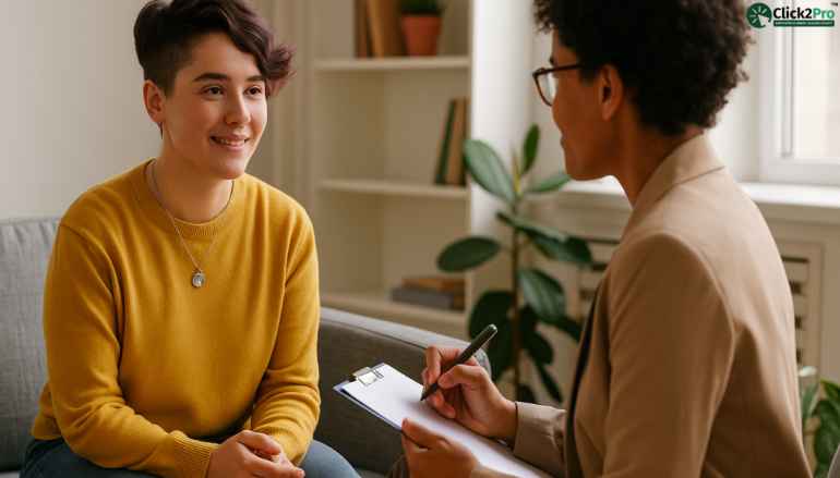 Non-binary person in therapy session with counselor discussing gender-affirming care