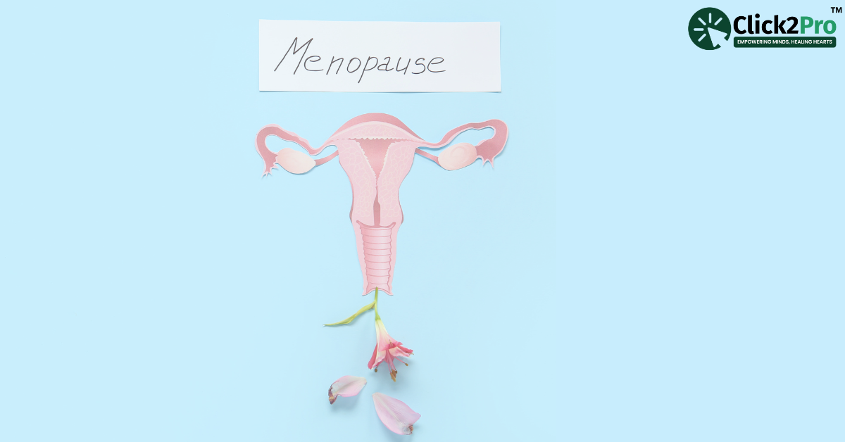 Uterus illustration with petals representing menopause; blog discusses therapy for menopause challenges.