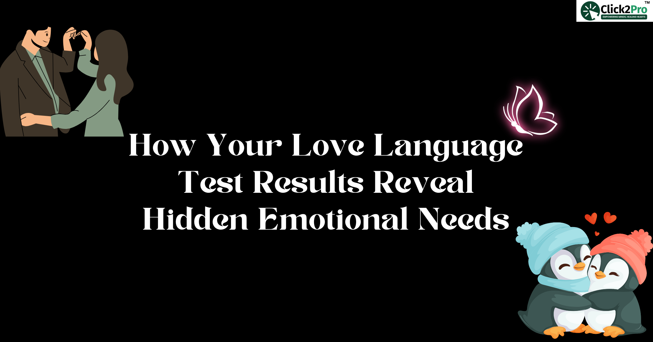 Couple and penguin hugging with blog title on love language test and emotional needs