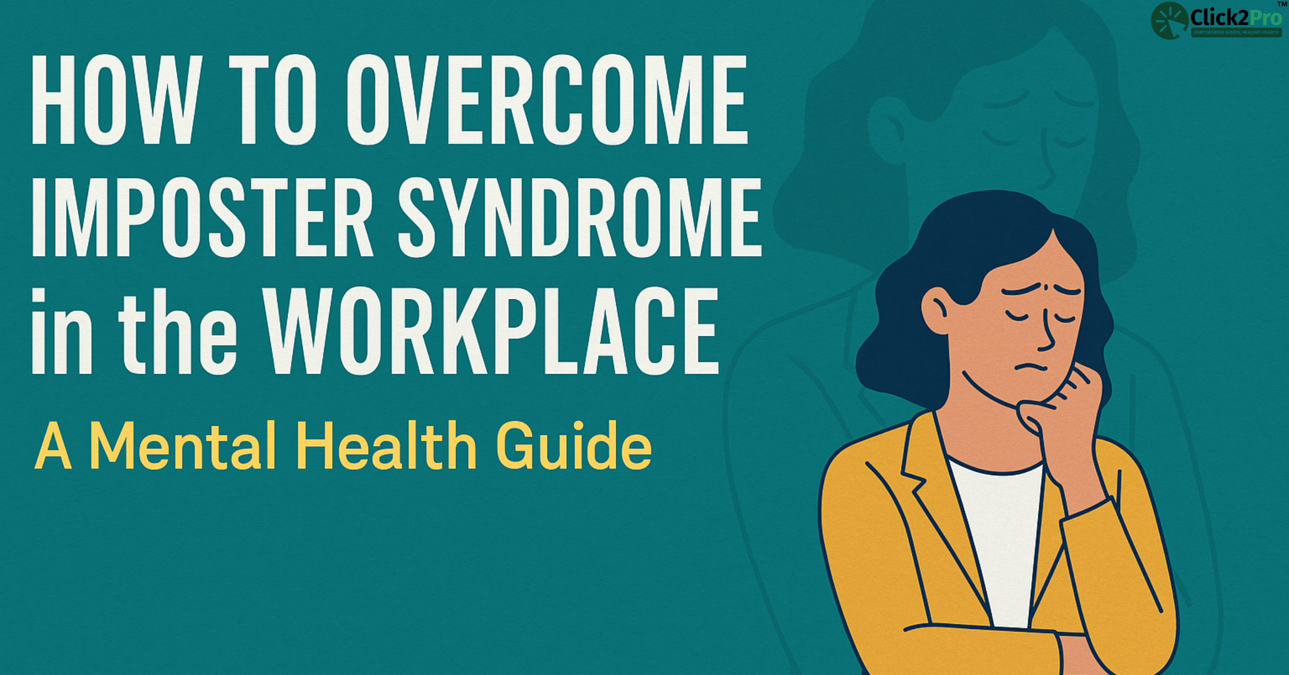 Illustration of a worried professional woman with imposter syndrome in the workplace setting