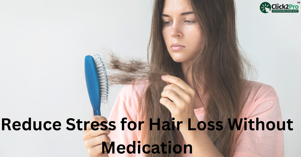 Woman experiencing hair loss while brushing hair, highlighting stress-related hair loss solutions without medication