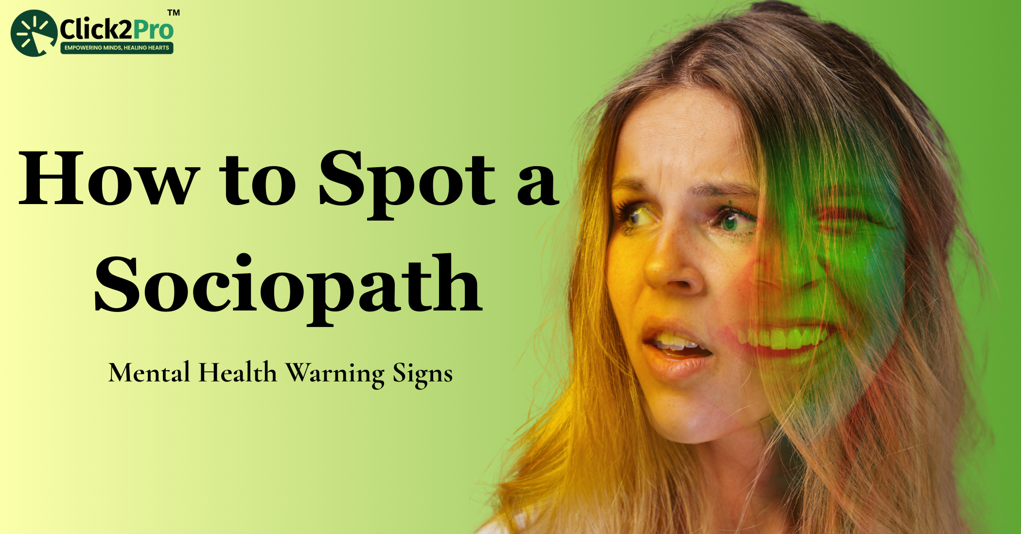 Woman showing mixed emotions with overlayed smile, symbolizing hidden traits of a sociopath.