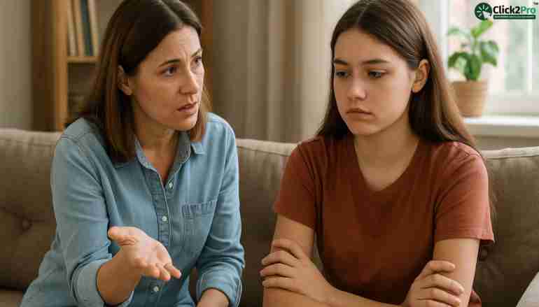 Mother calmly talking to her teenage daughter about brainrot and screen use at home