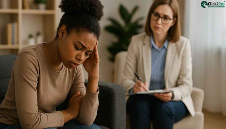 Psychologist supporting a woman facing emotional stress during mental health counselling