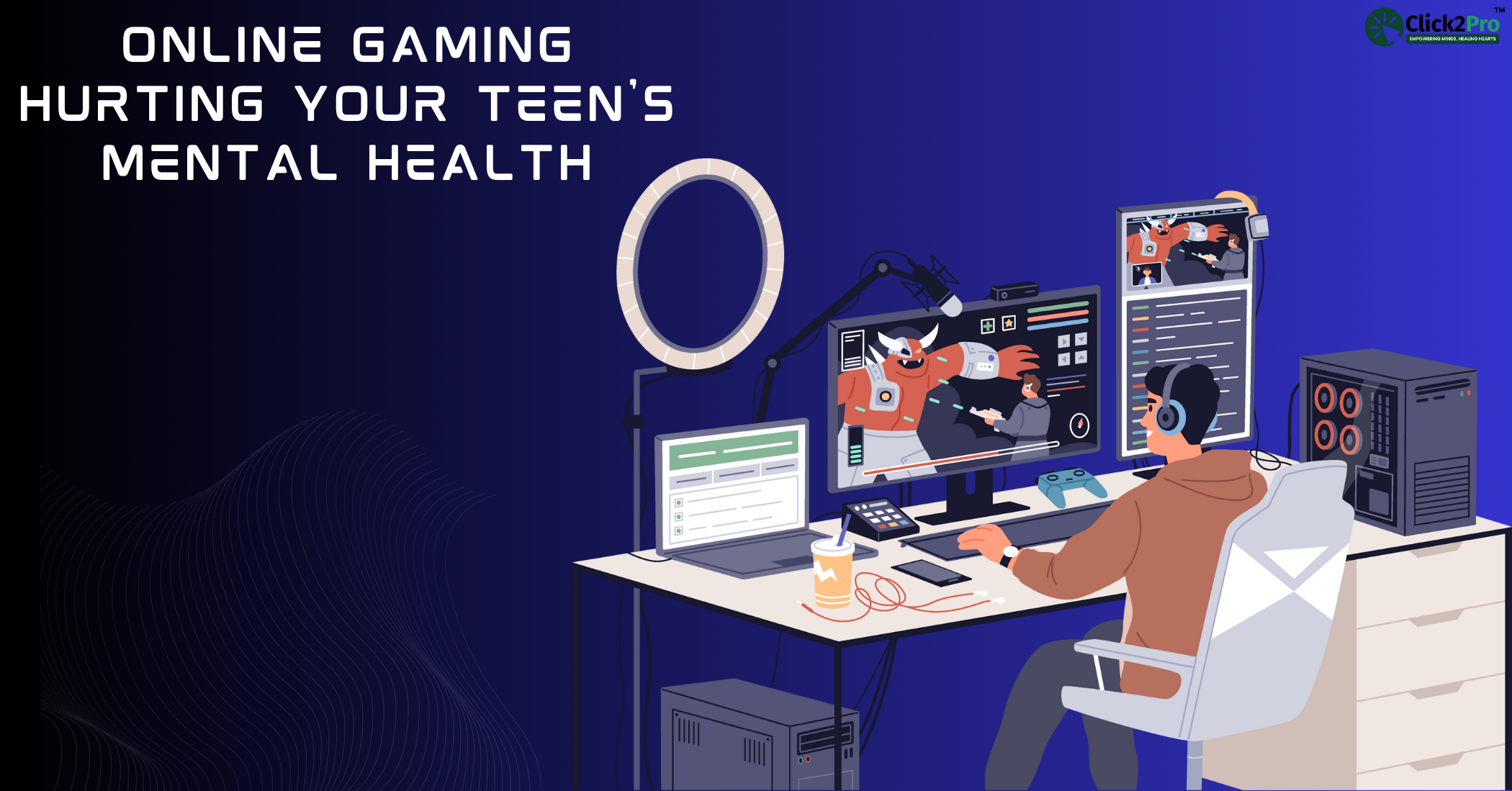 Teen gaming setup with multiple screens, highlighting mental health risks of excessive online gaming.