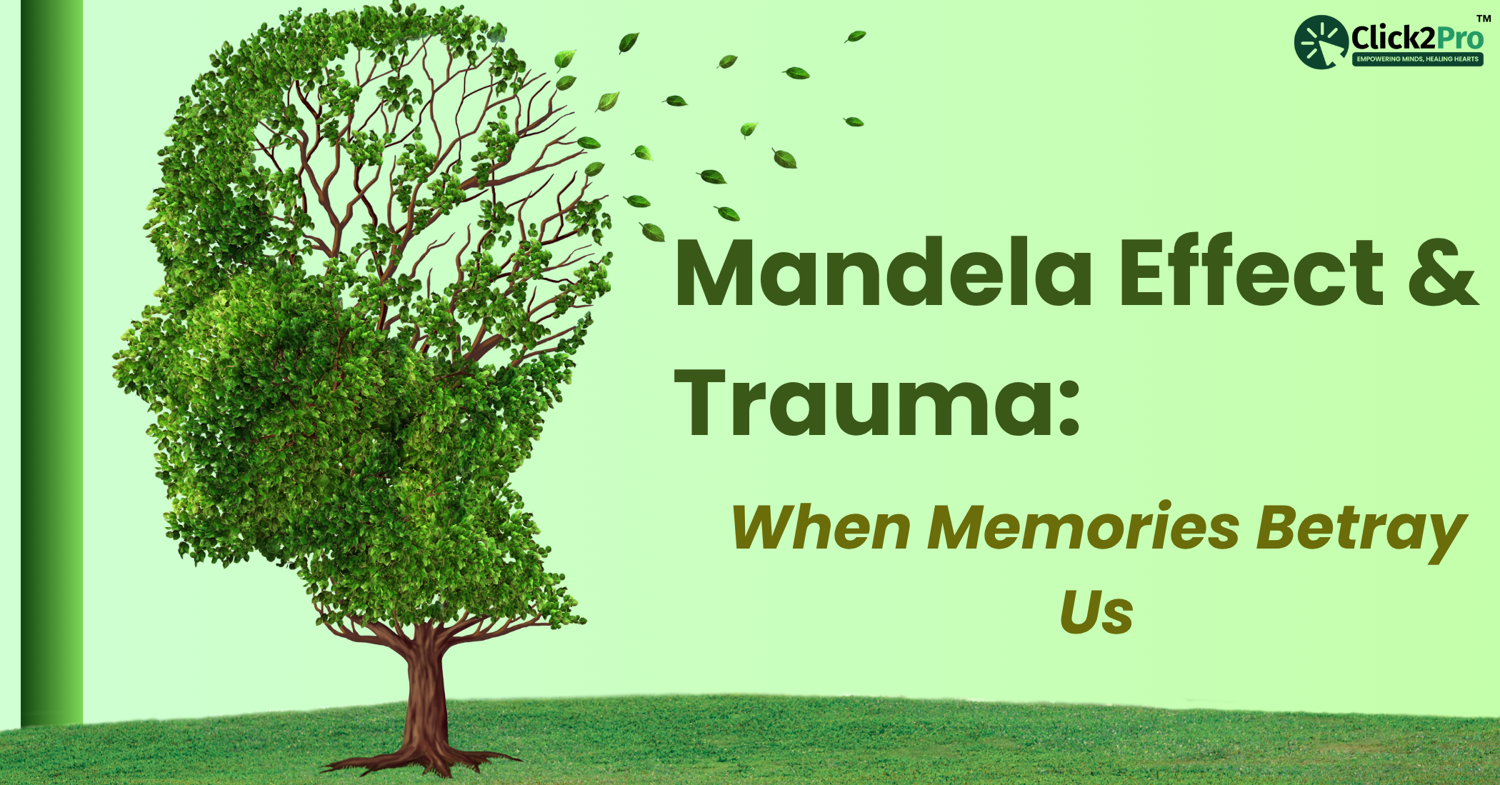 Tree shaped like a human head losing leaves, symbolizing memory loss from trauma and Mandela Effect