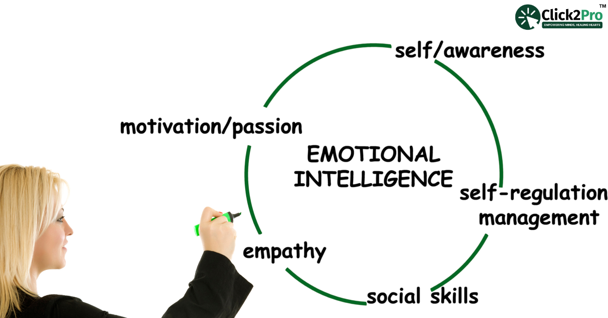 Emotional intelligence diagram with key elements: self-awareness, self-regulation, empathy, motivation, and social skills.