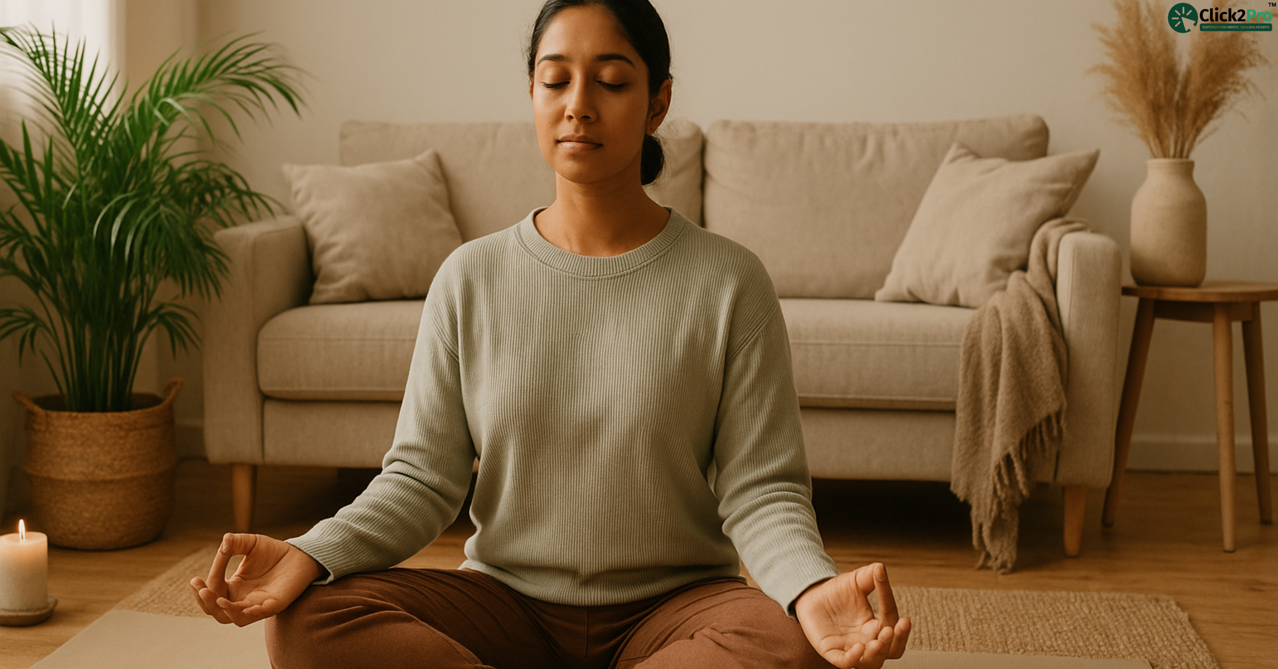 Therapist practicing calming meditation at home to relieve burnout and emotional fatigue.