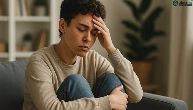 Androgynous person feeling stressed while facing mental health challenges in the U.S.