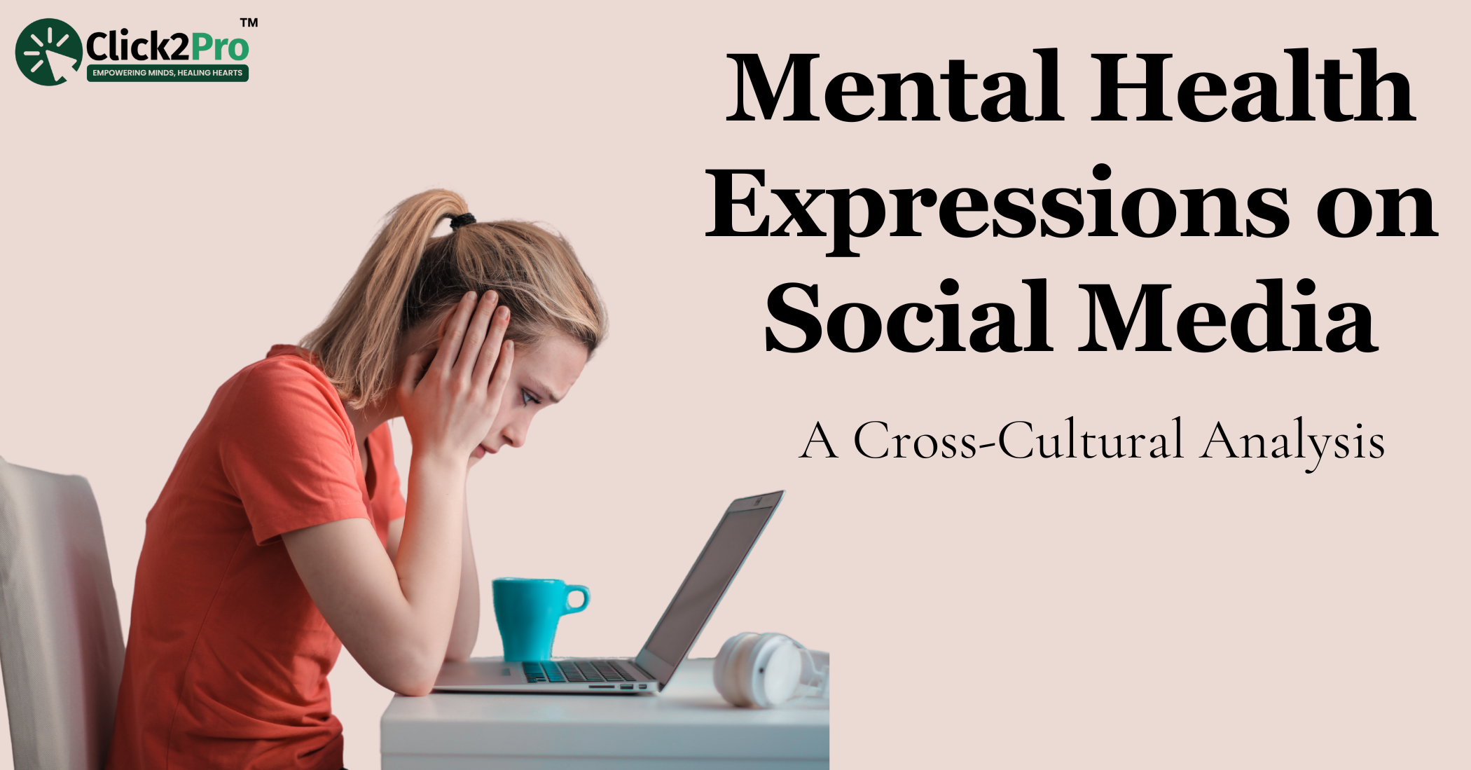 Woman feeling overwhelmed while using laptop — exploring mental health on social media