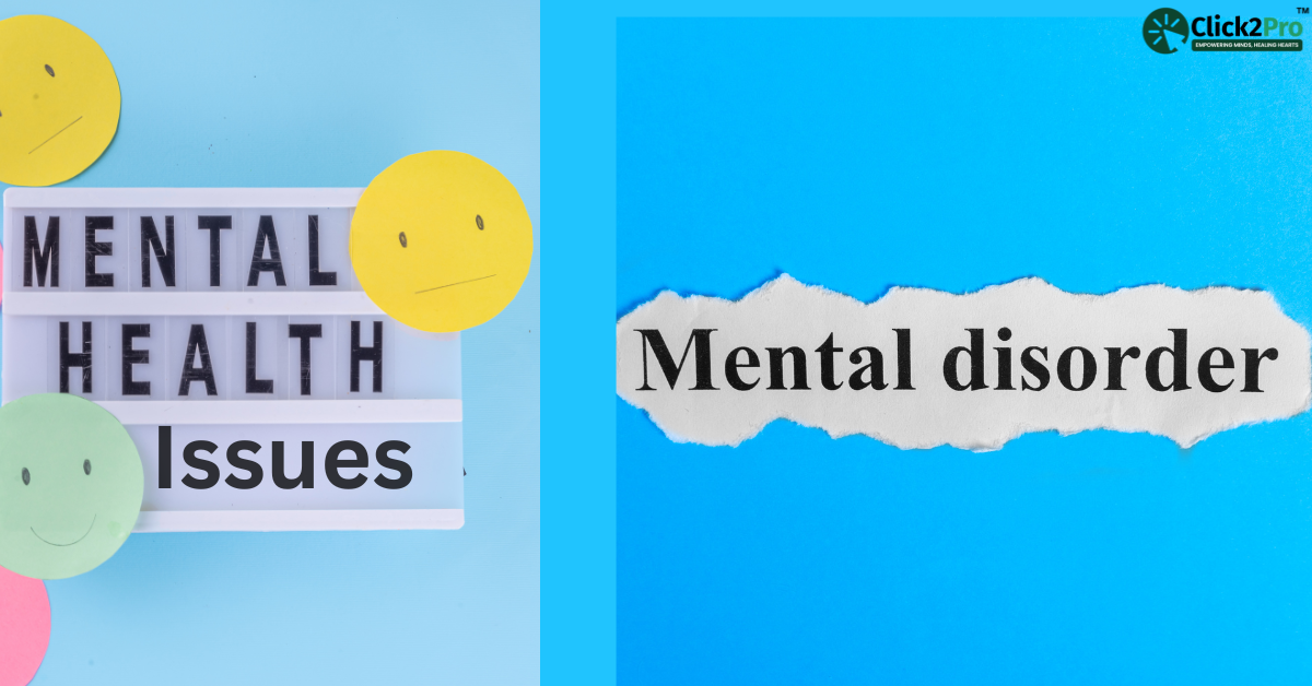 Mental health issues vs. mental health disorder visual comparison with emoji faces and text illustration.