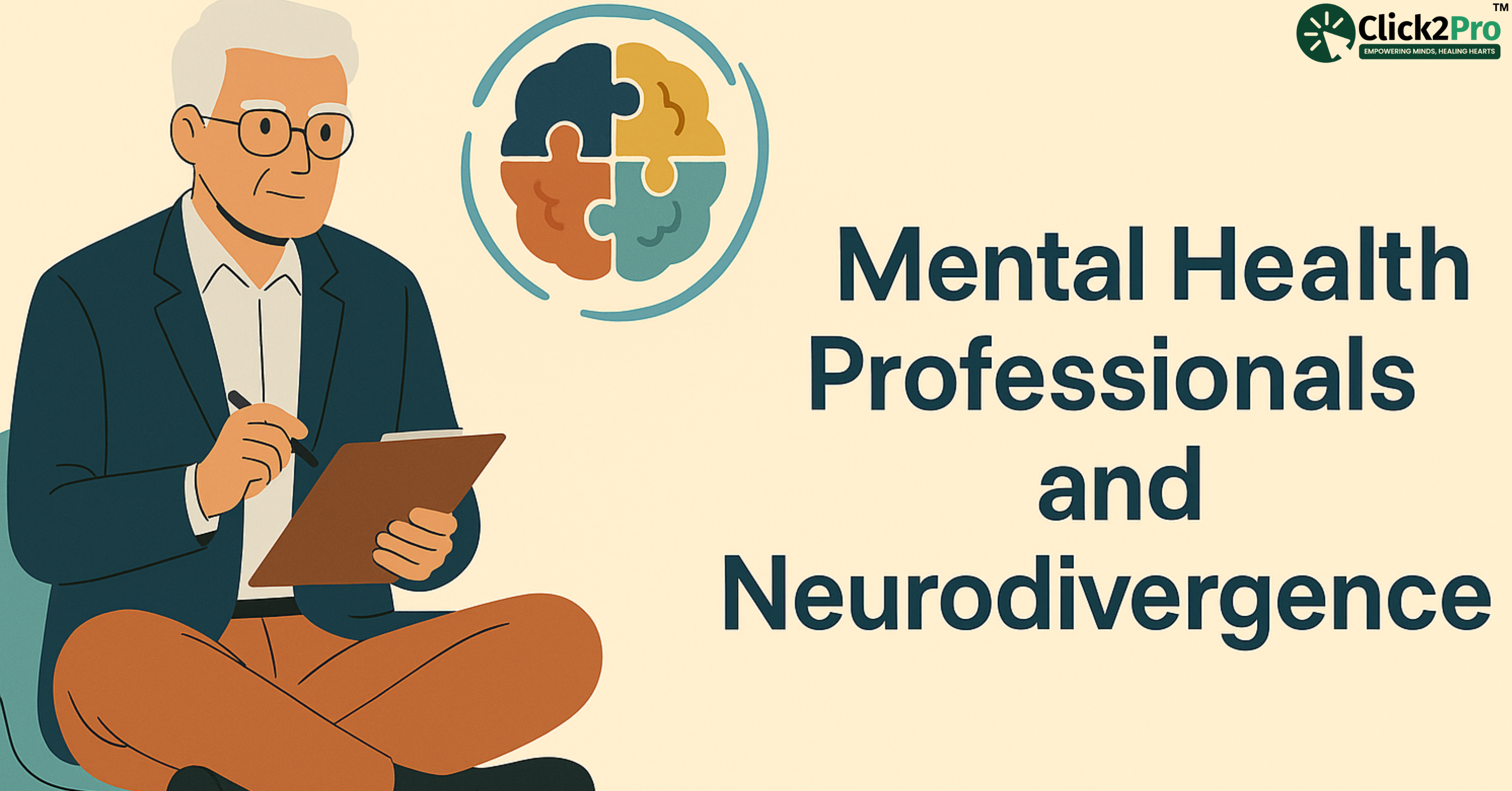 Illustration of a therapist with text highlighting mental health and neurodivergence connection.