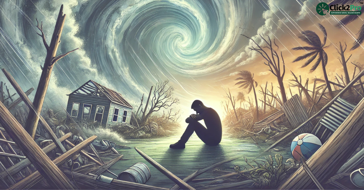 Emotional distress after hurricanes, depicting mental health struggles with hope for recovery.