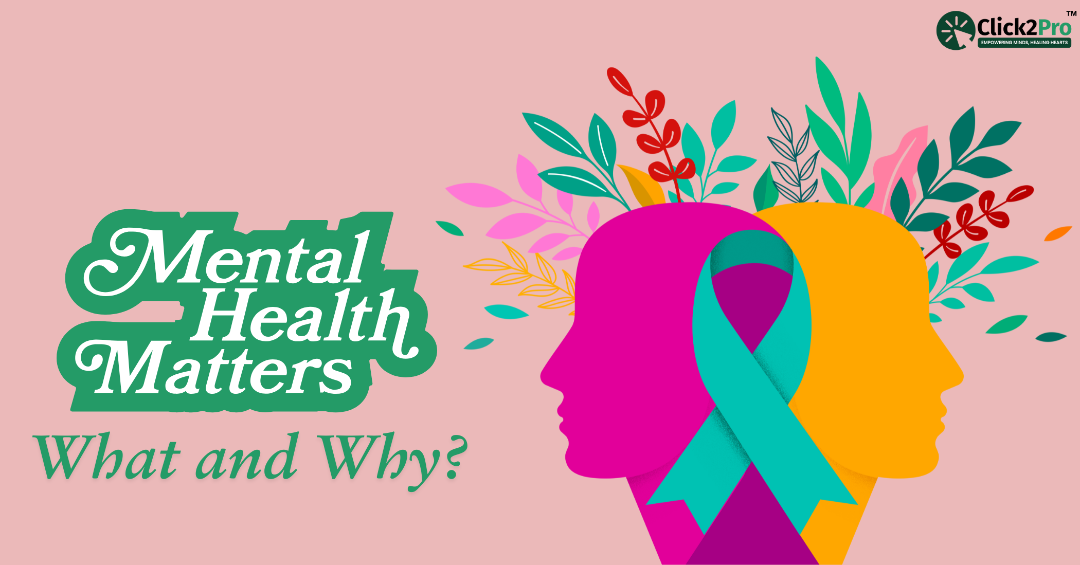 Illustration of mental health awareness with colorful heads and ribbon, promoting Click2Pro services.