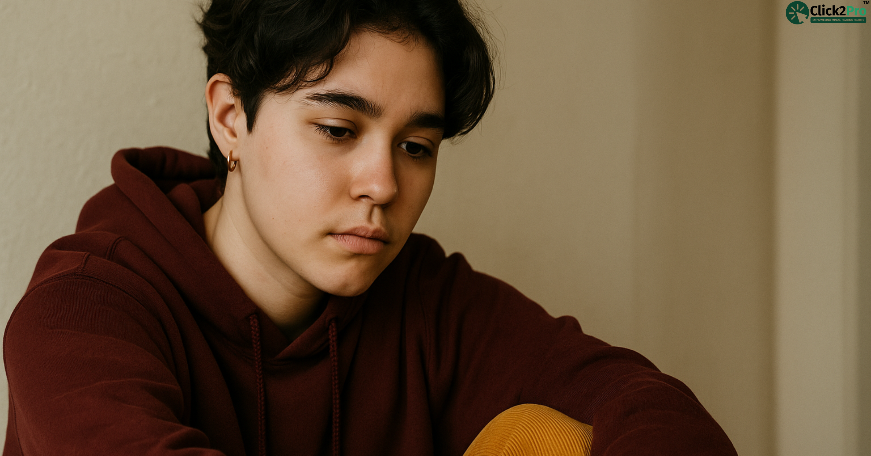 Intersex teen in deep thought, reflecting on mental health and identity challenges