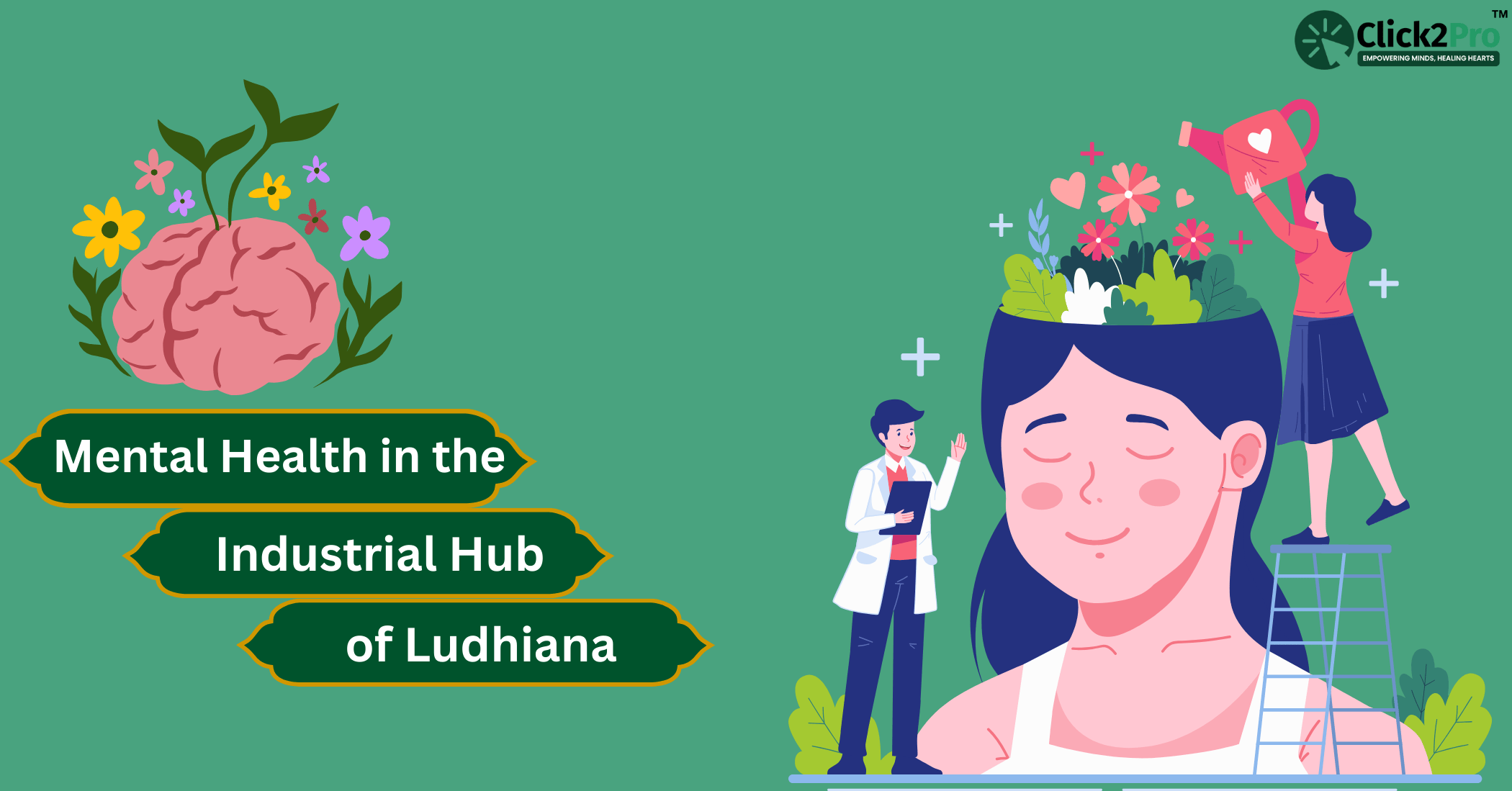 Illustration of mental health awareness and support in Ludhiana's industrial workforce by Click2Pro.