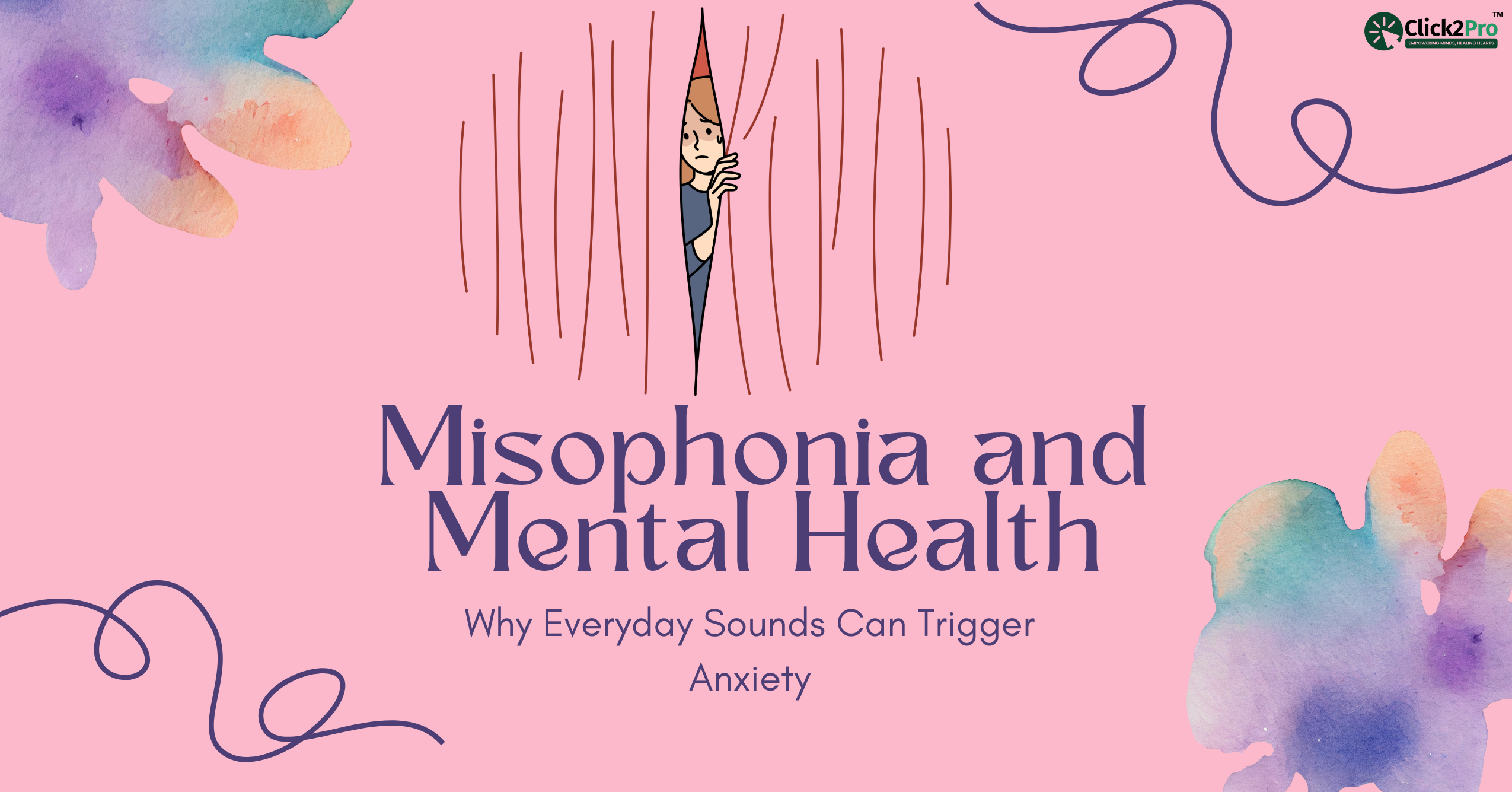 Misophonia and mental health blog cover with title on pink background and anxious person peeking.