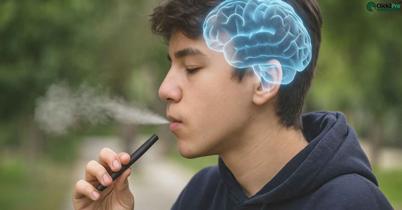 Teen vaping nicotine with brain impact illustration highlighting adolescent risks