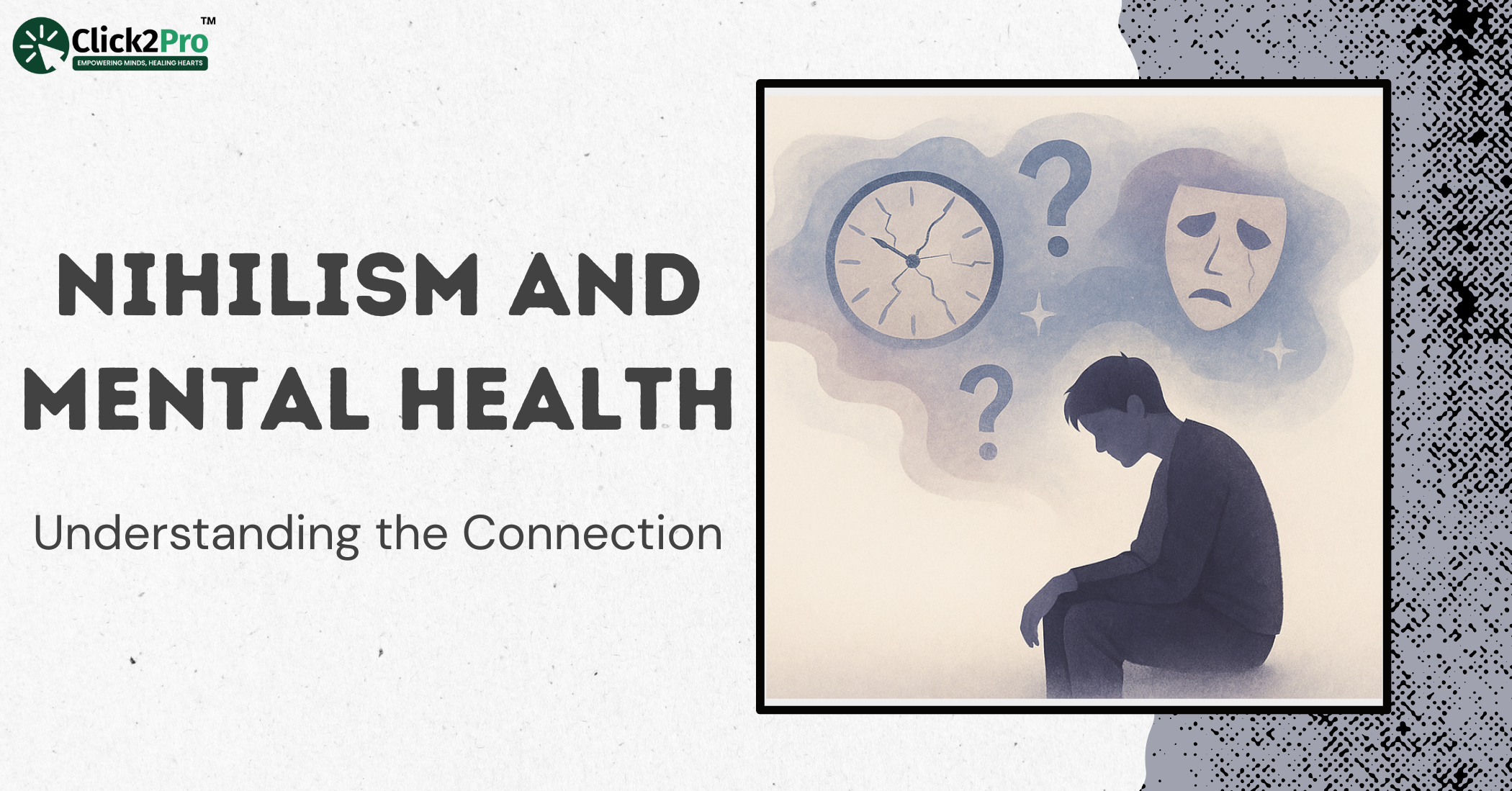 Nihilism and mental health concept with sad person and broken clock illustration