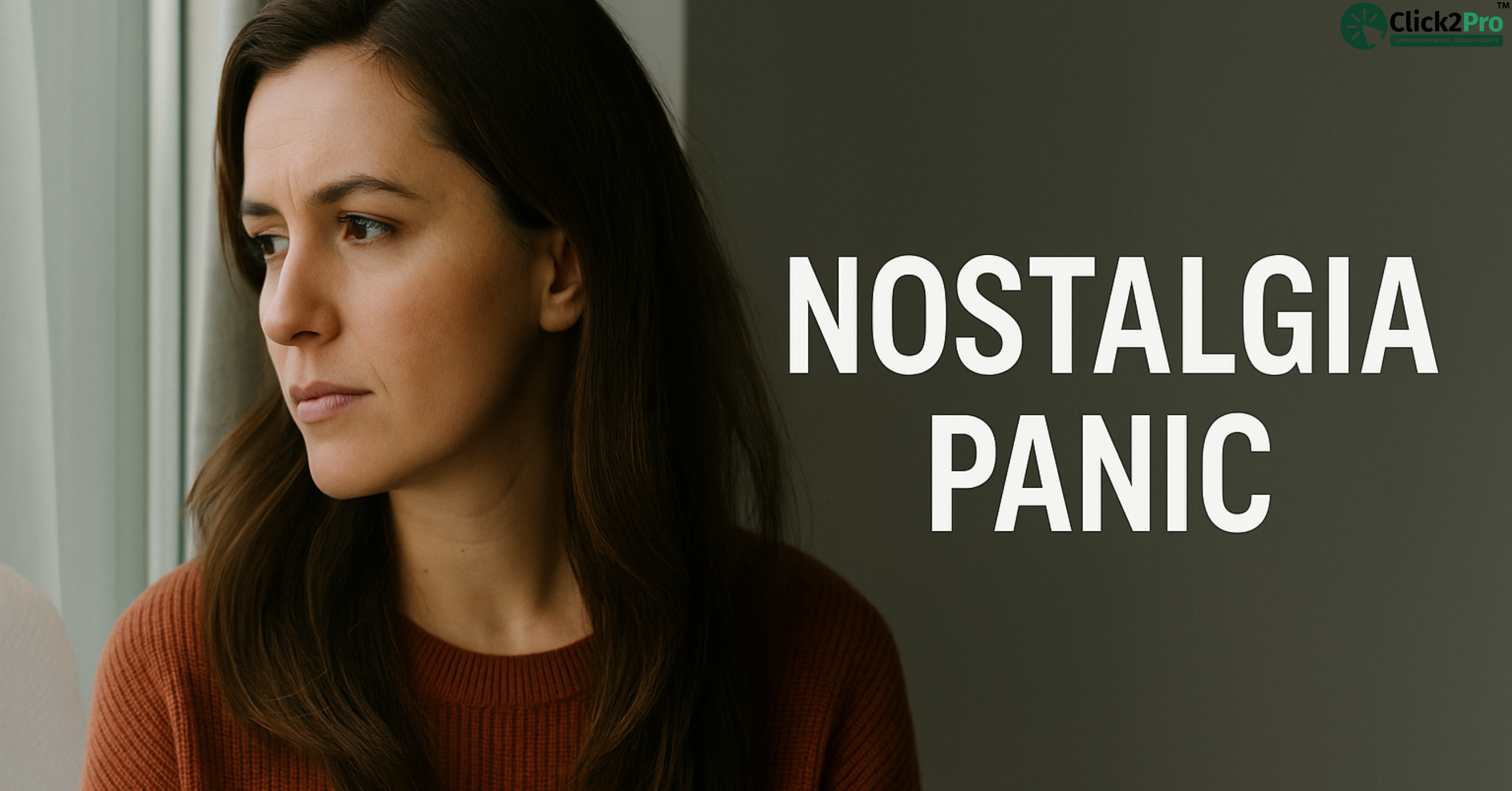 Woman feeling anxious by window with text "Nostalgia Panic" related to memory-triggered depression.