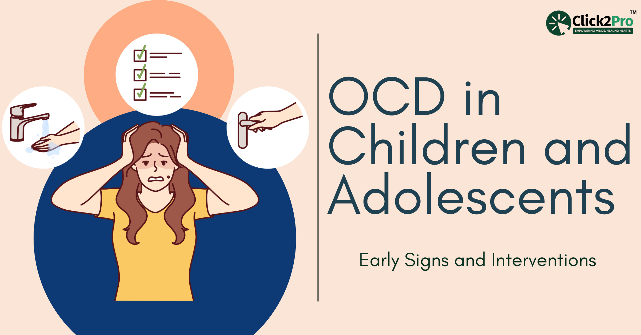 Illustration showing OCD symptoms in children with handwashing, checking, and anxiety signs.