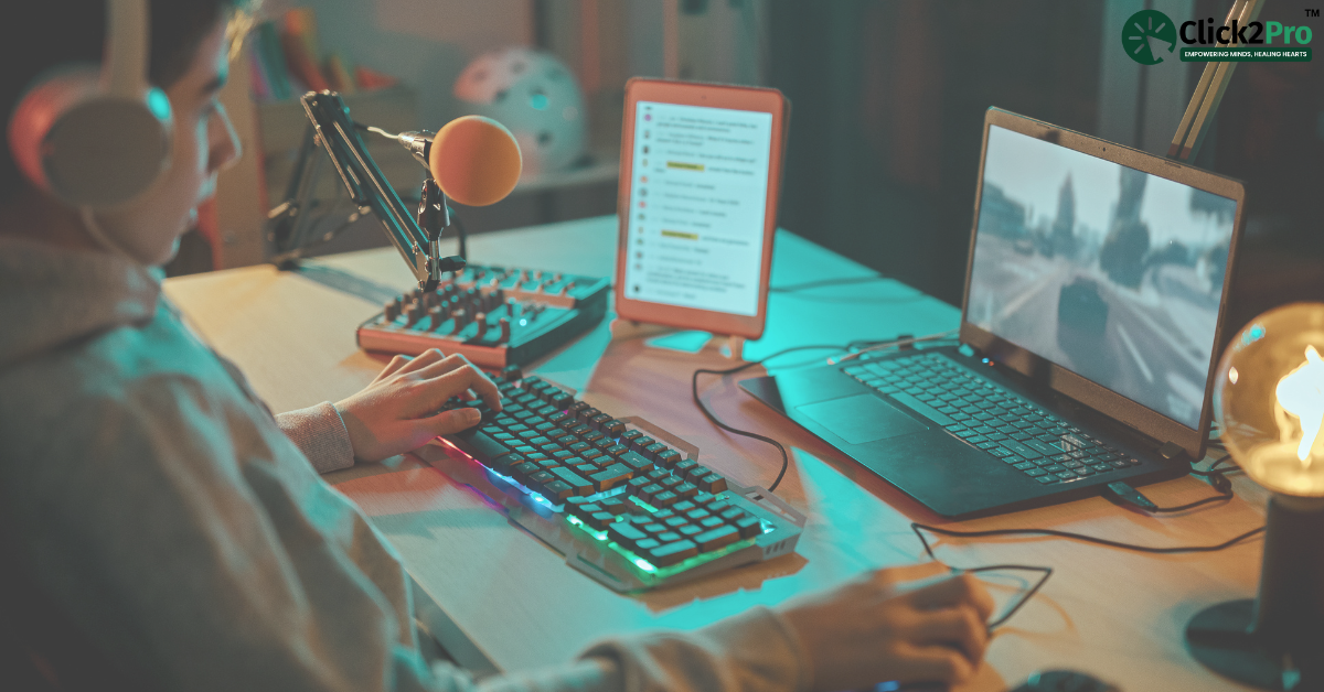 Teen gaming setup with dual screens, highlighting effects of excessive online gaming on mental health.