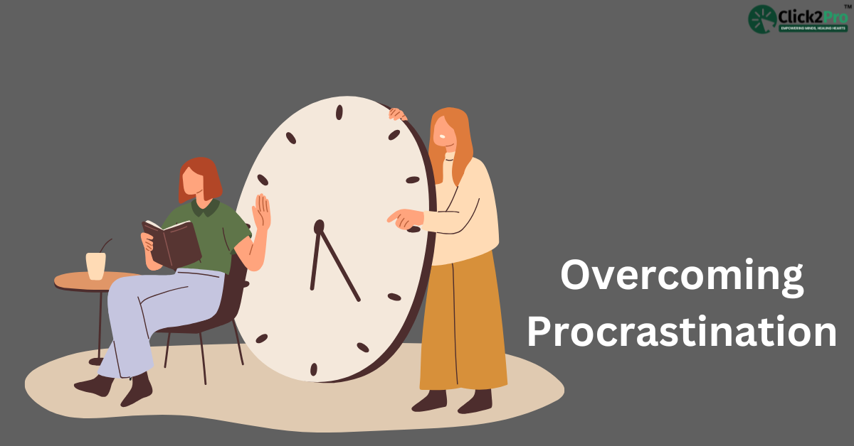 Illustration of overcoming procrastination with a clock and two women managing time effectively.