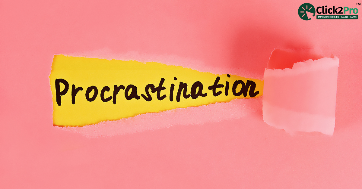 Procrastination concept with torn paper revealing word, boosting productivity tips from Click2Pro.