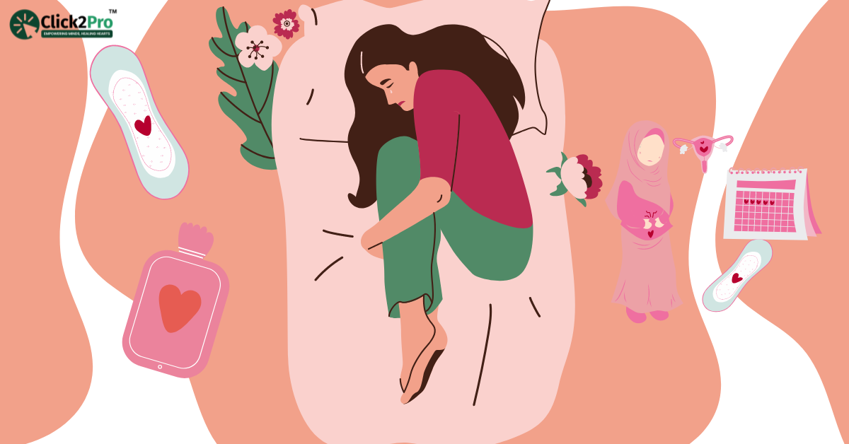 Woman with PMDD symptoms lying in bed, surrounded by menstrual products, flowers, and a calendar.