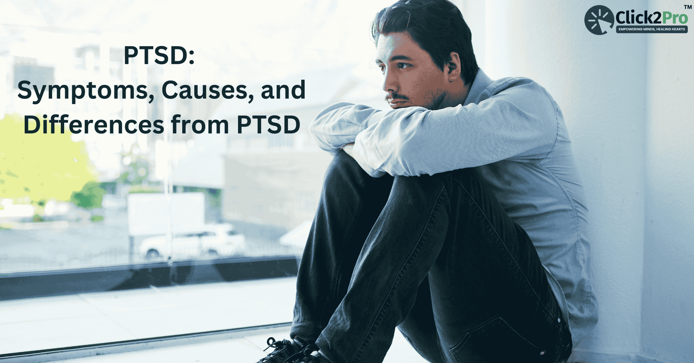 Man sitting on the floor looking pensive, PTSD blog about symptoms, causes, and coping strategies.