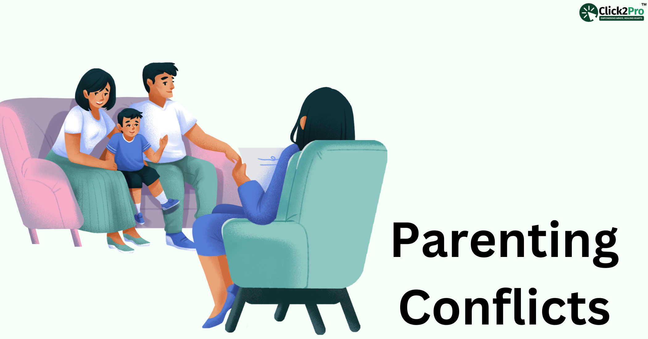 Illustration of family therapy session addressing parenting conflicts, highlighting Click2Pro services.