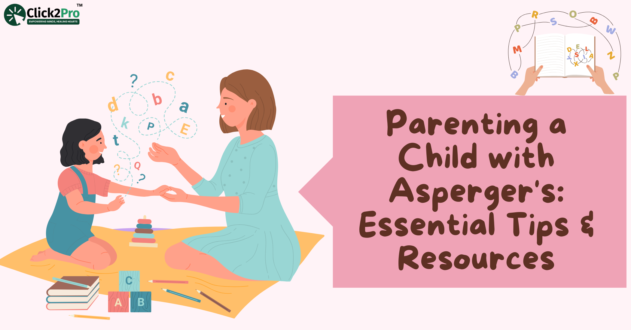 Illustration of a mother supporting a child with Asperger’s, featuring learning aids and the Click2Pro logo