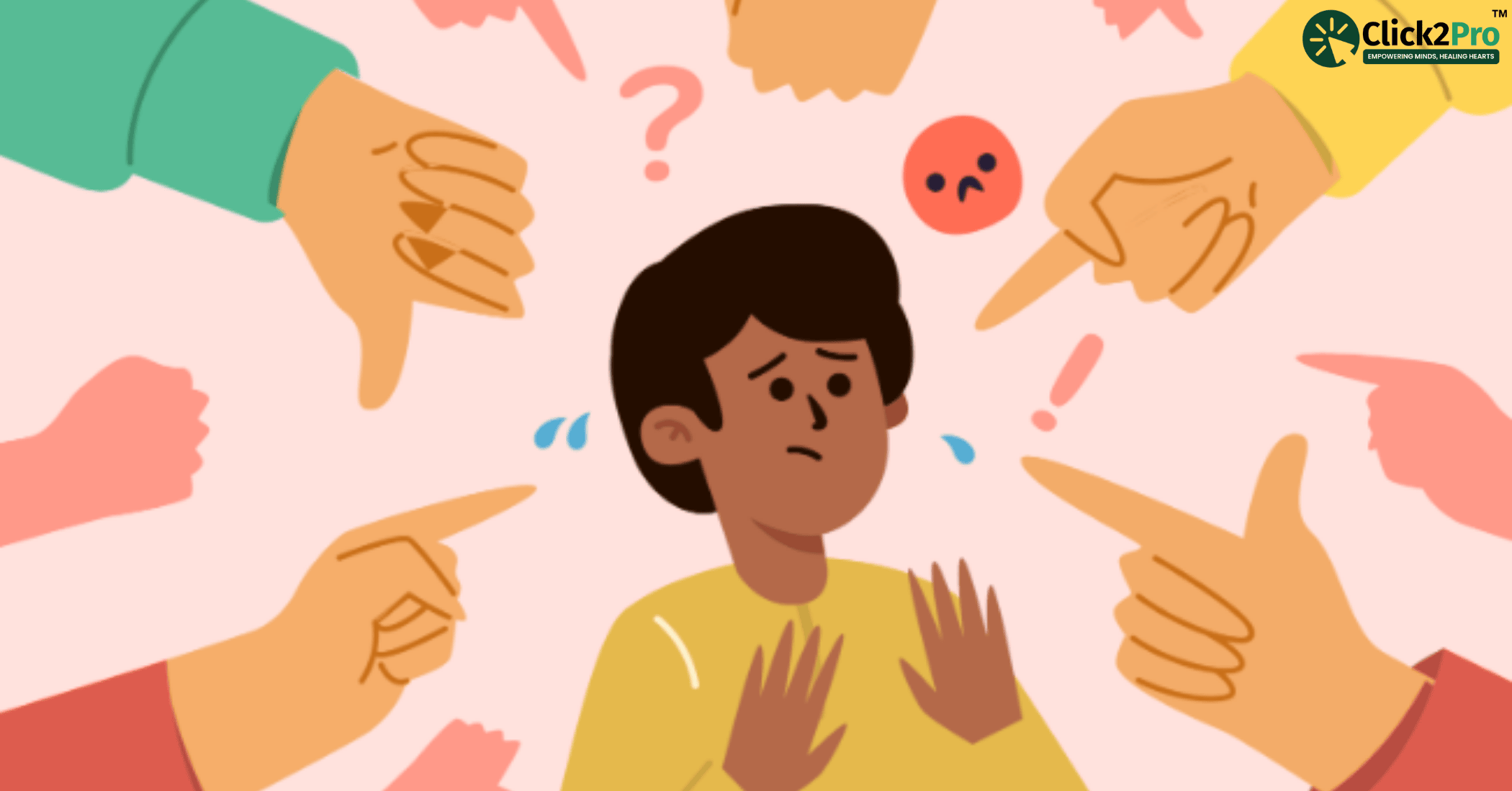 Illustration of a stressed person surrounded by pointing fingers, symbolizing mental health stigma and prejudice.