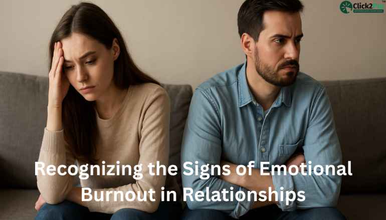 Stressed couple showing signs of emotional burnout in their relationship on a couch.