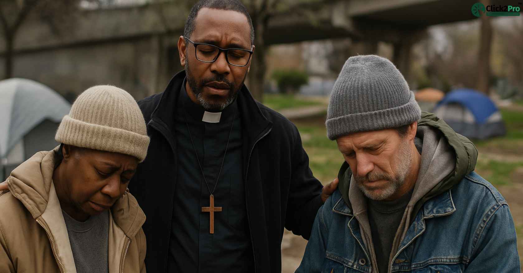 Religious leader praying with homeless individuals for resilience and hope