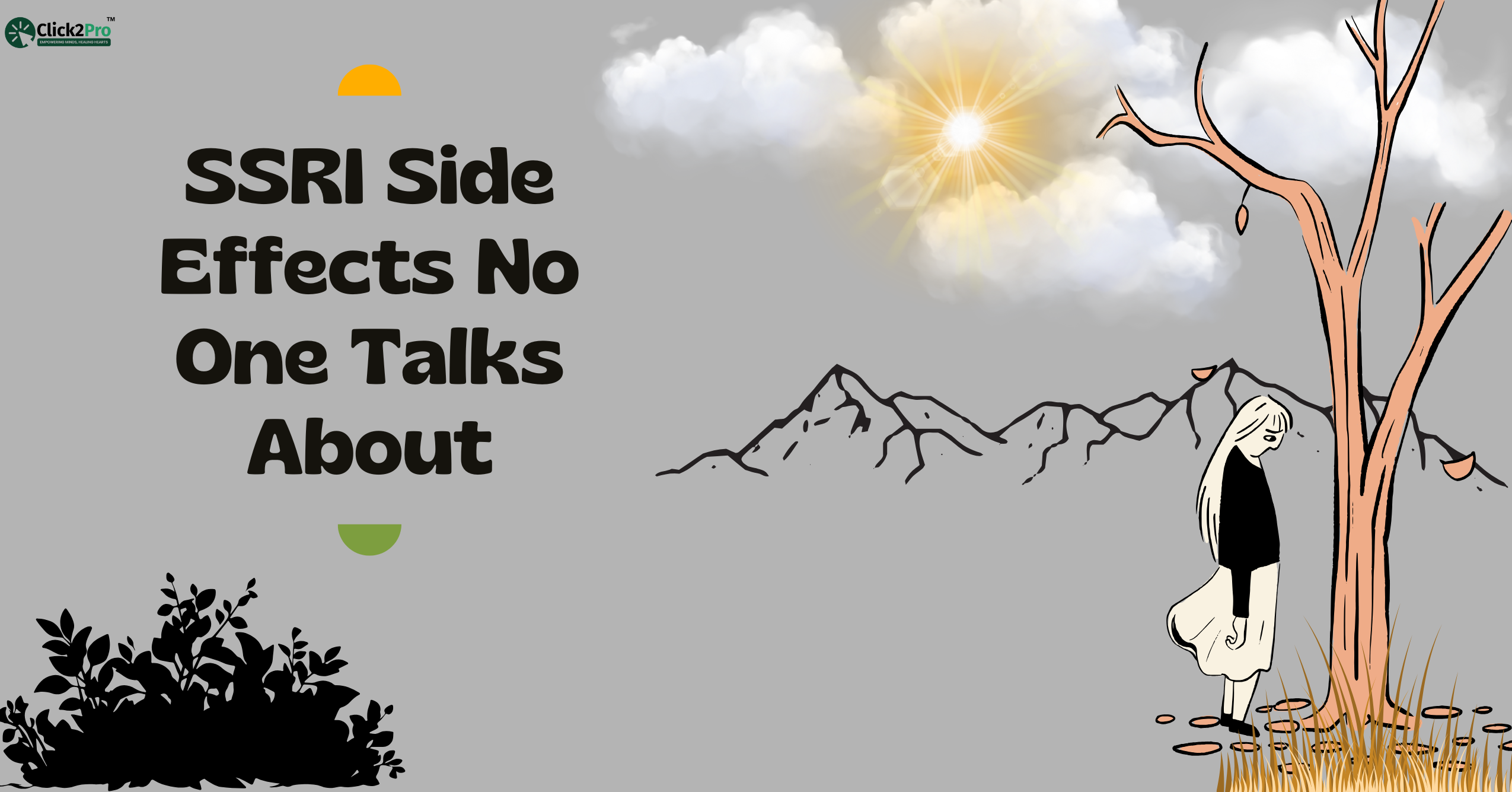 Illustration of SSRI side effects with a sad woman, dry tree, and sun behind clouds in the U.S. context.