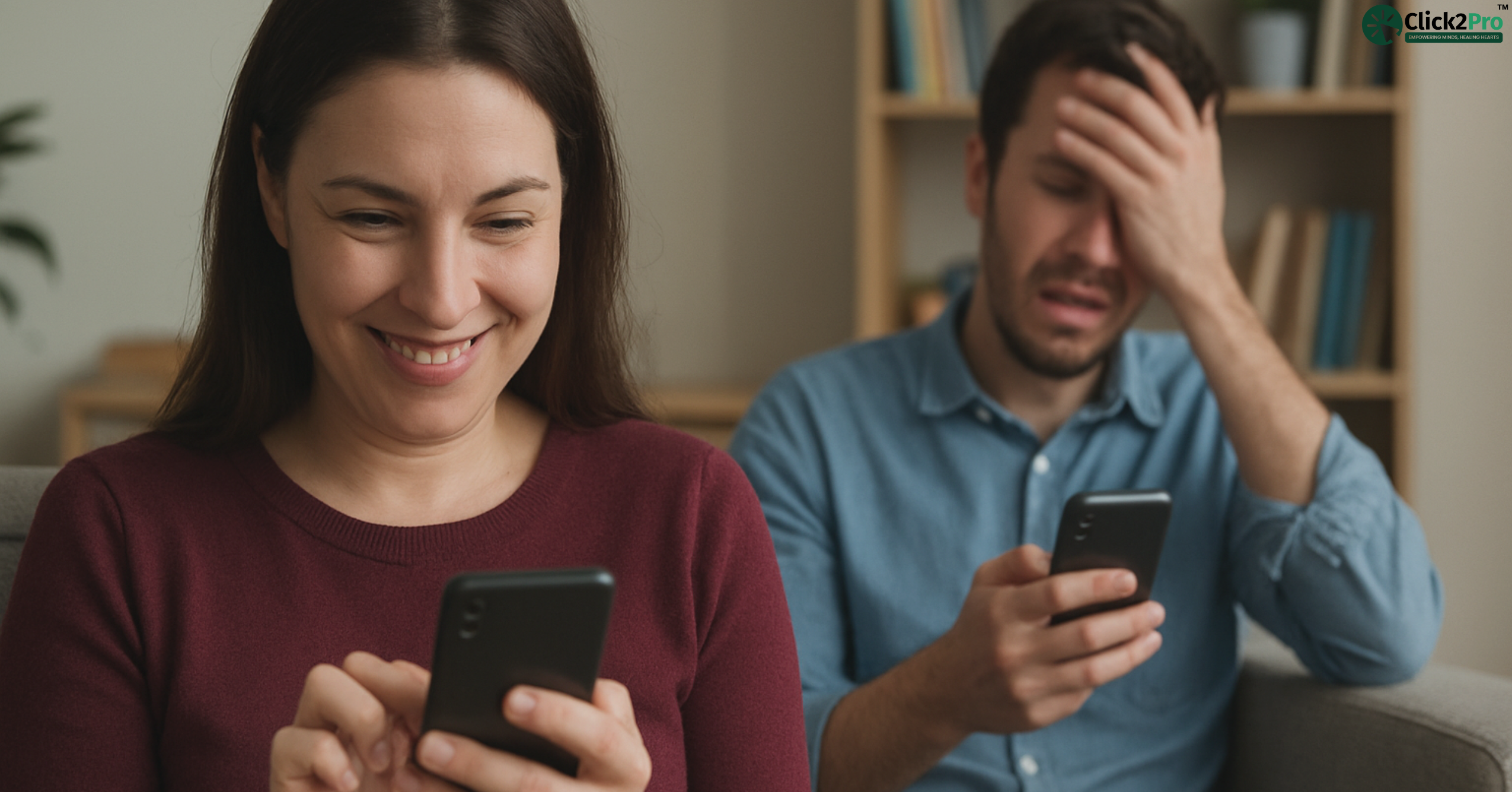 Woman smiling at phone while man looks distressed—shows social media schadenfreude effect.