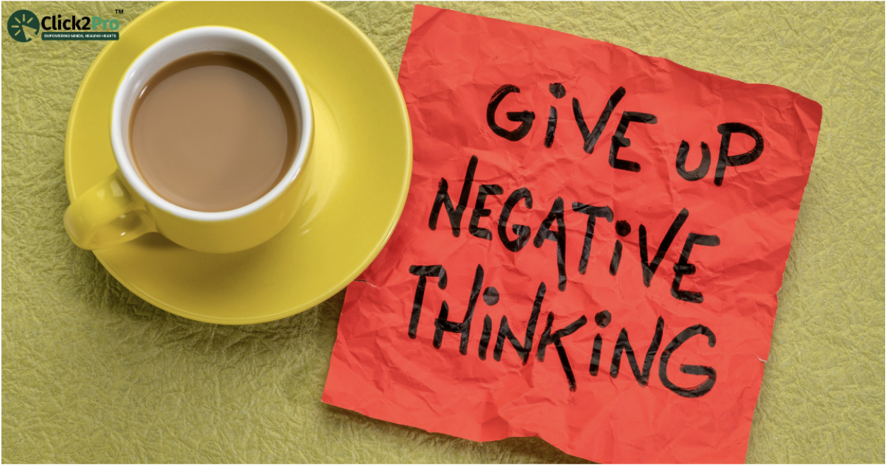 Give up negative thinking - Coffee cup and note on mental health impact and daily life.