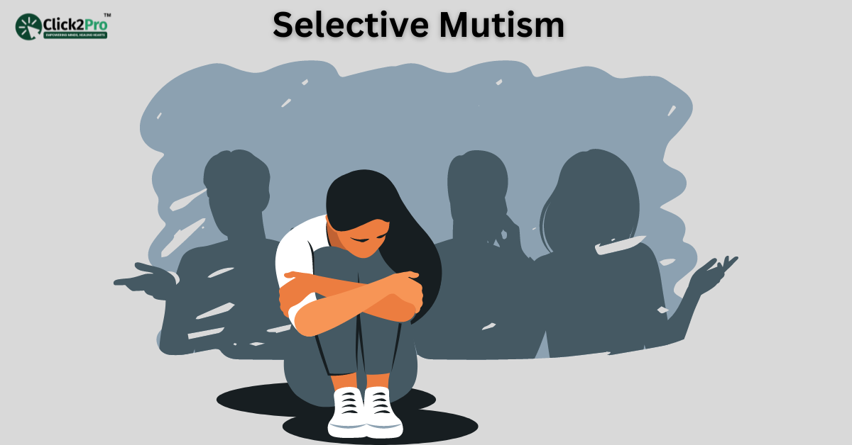 Illustration of a girl with Selective Mutism sitting silently, surrounded by shadows of people talking