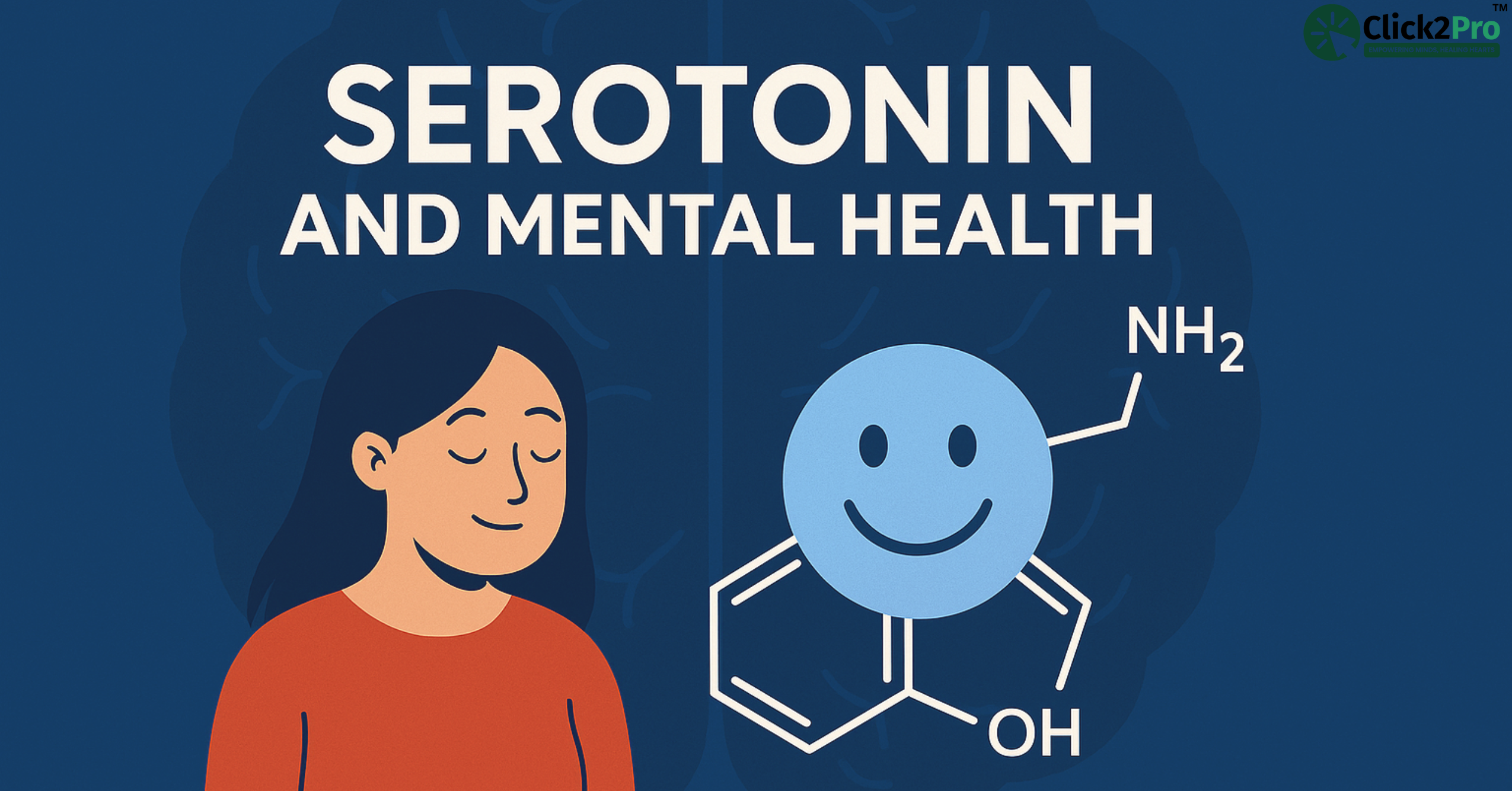 Illustration of serotonin's impact on mental health with chemical structure and calm woman