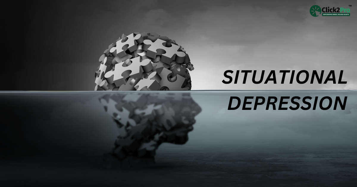 Puzzle brain half-submerged in water symbolizing situational depression with Click2Pro logo.