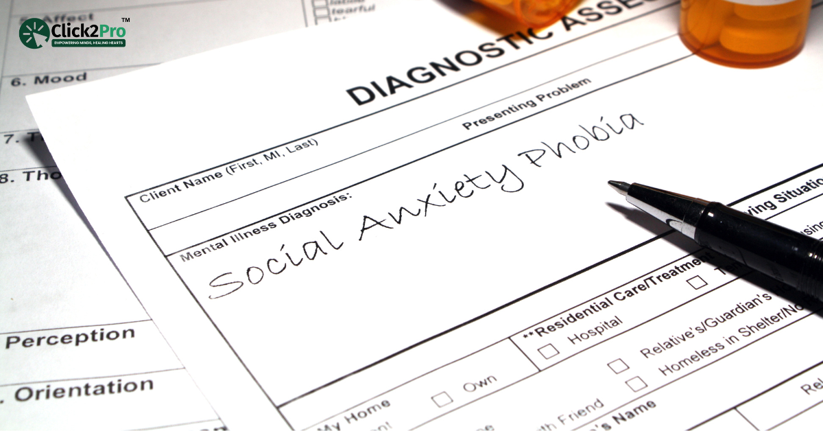 Social anxiety diagnosis form with Click2Pro logo, representing mental health assessment and treatment