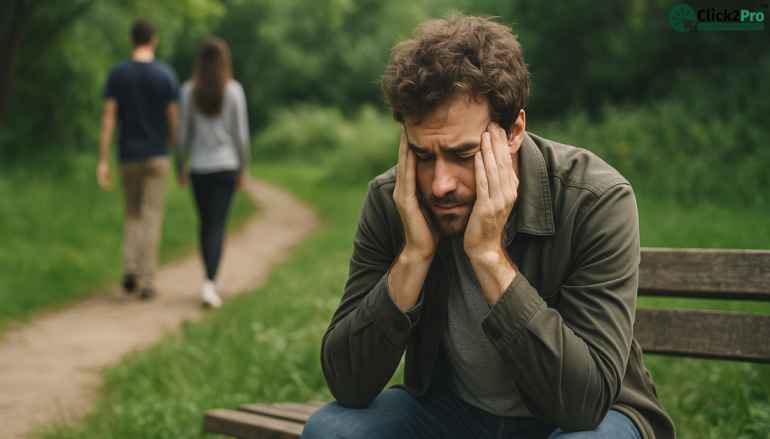 Man feeling anxious and stressed while sitting alone, representing social pressure and isolation.